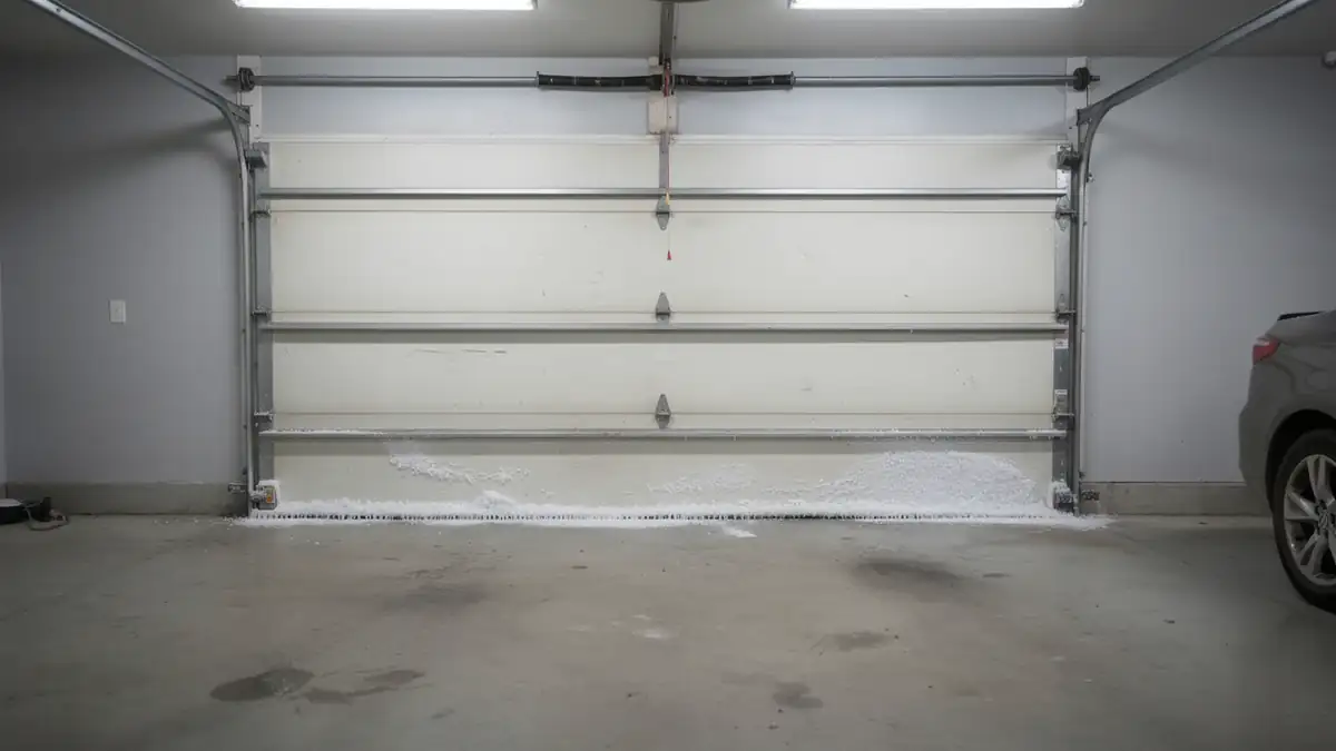 The white garage door has a line of snow and ice along its bottom.