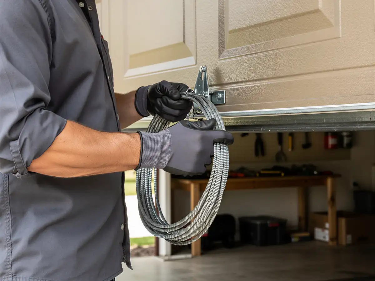 A technician in gloves holds a coiled cable near a beige garage door.