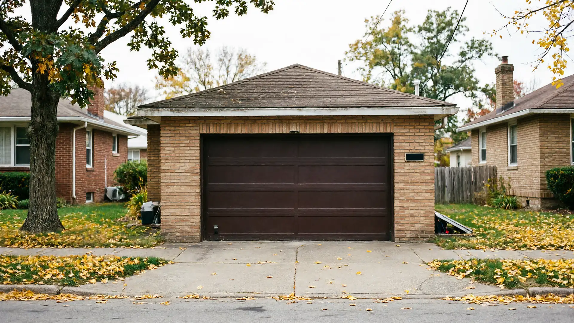 A brown garage door on a brick garage with autumn leaves on the ground.