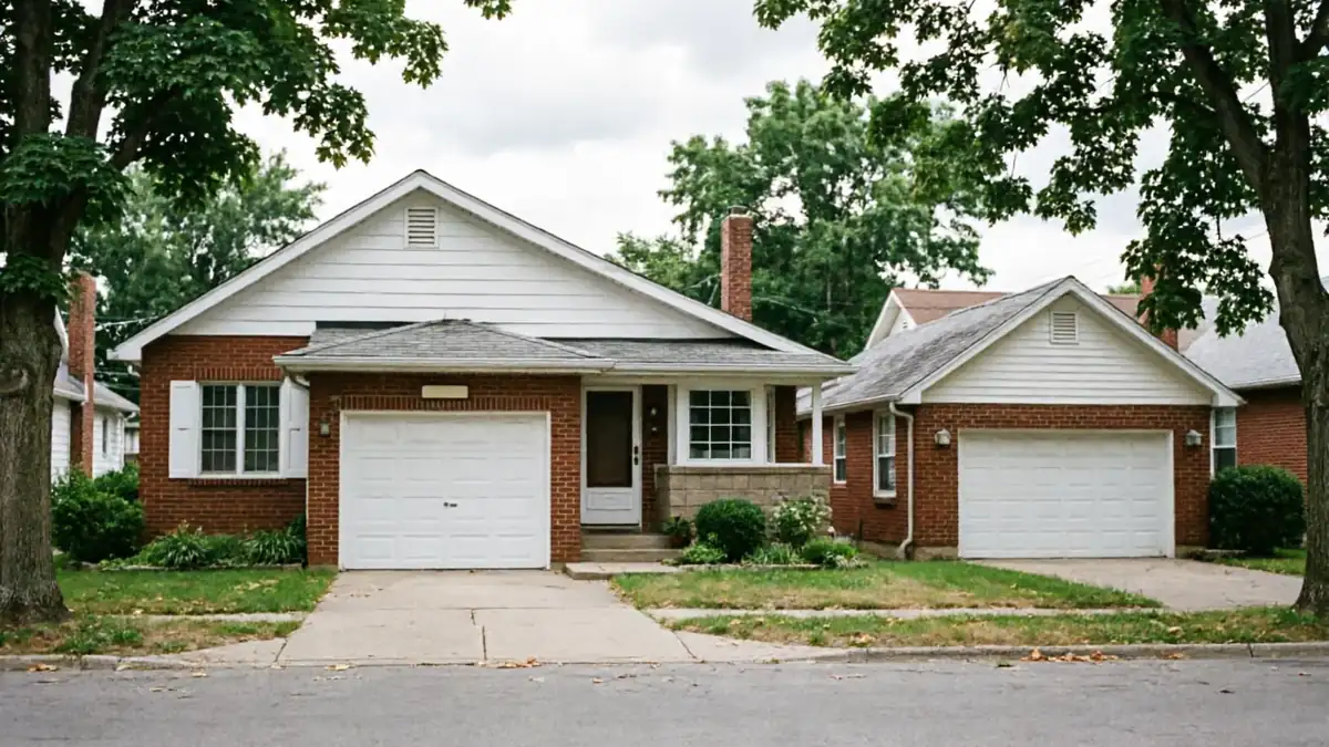 A brick house with a white garage door and a detached brick garage with a white door.