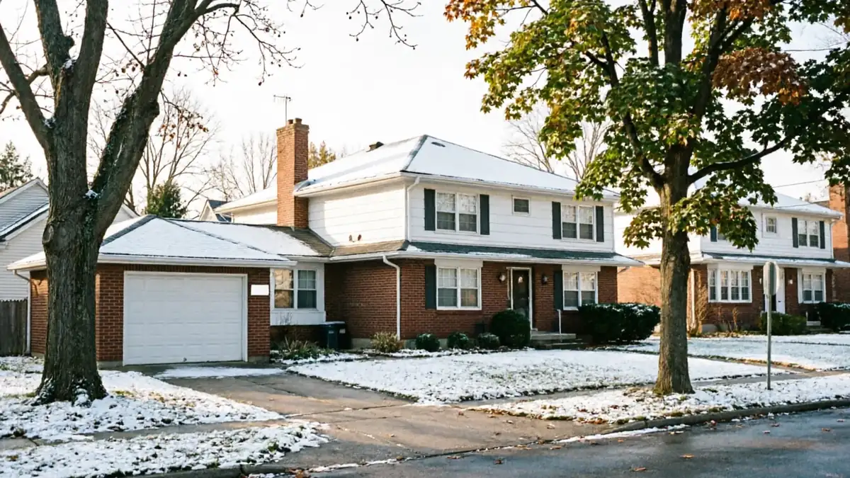 A white garage door on a brick house with snow on the ground.