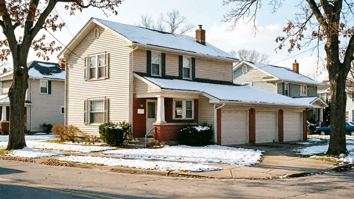 A two-story house with three garage doors and snow on the ground.
