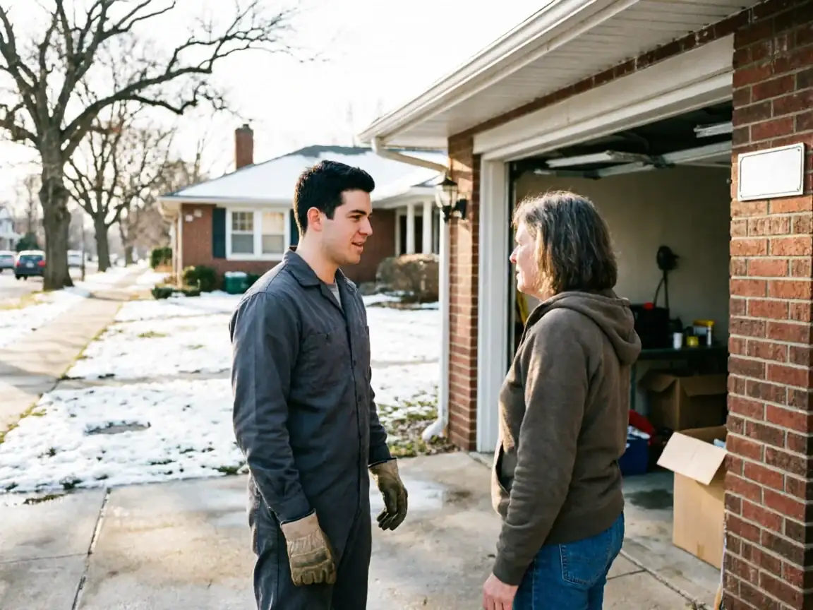 A technician in work clothes talks to a woman in front of a garage.