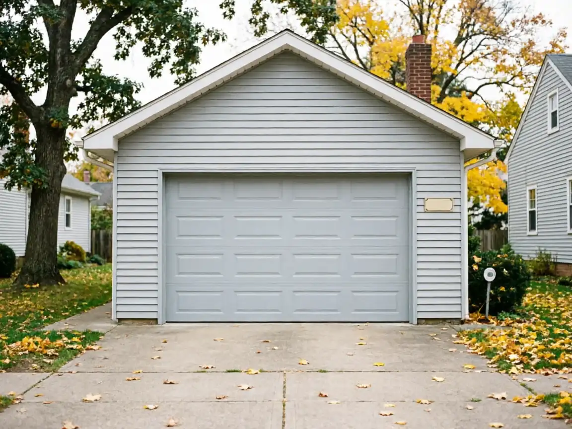A light gray garage door is on a house with gray siding and a concrete driveway.