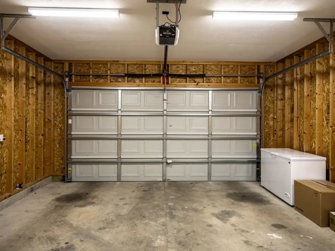 A closed garage door with an opener, fluorescent lights, and a white freezer.