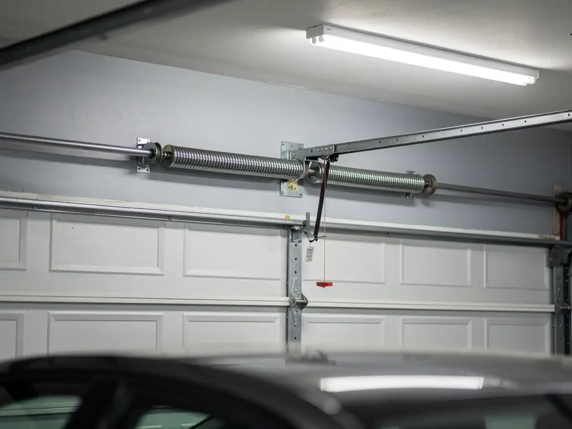 A garage door torsion spring is mounted above a white garage door.