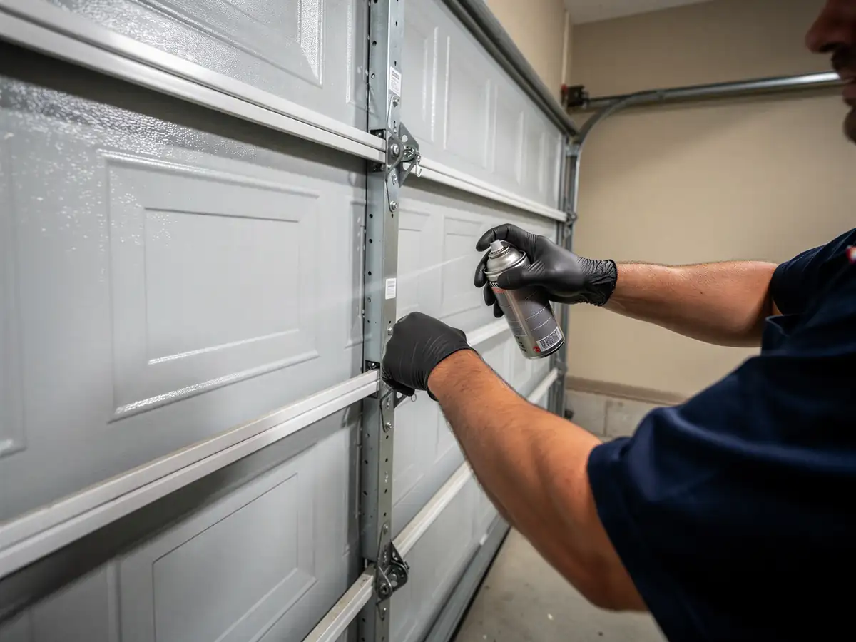 A technician in black gloves sprays lubricant on a gray garage door track.