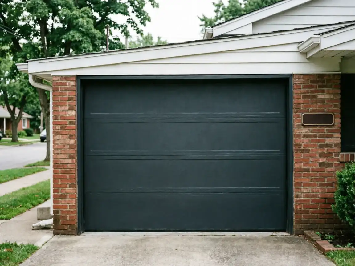 A dark gray garage door is set into a brick house.