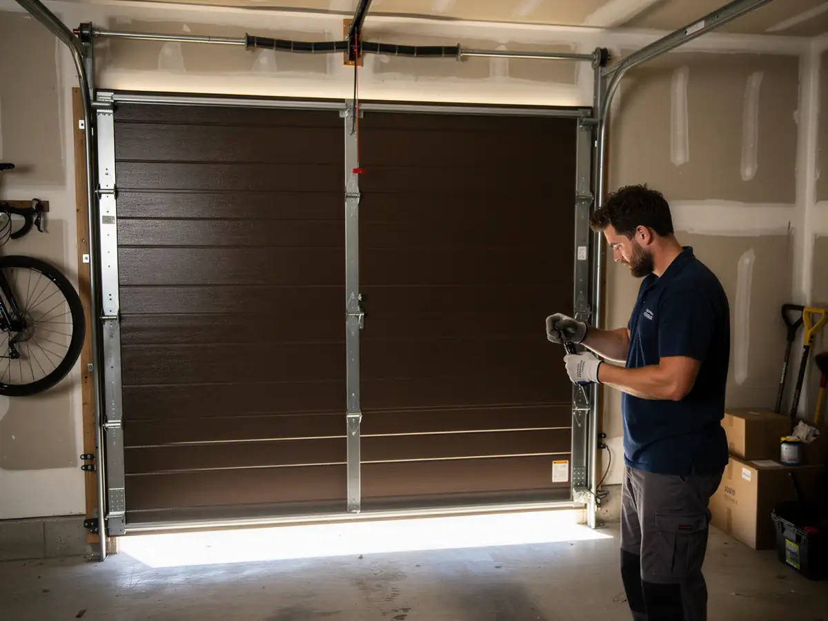 A technician in gloves is working on a brown garage door.