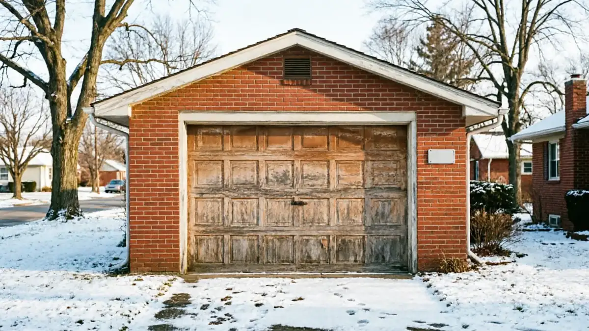 A weathered wooden garage door on a brick garage in a snowy landscape.