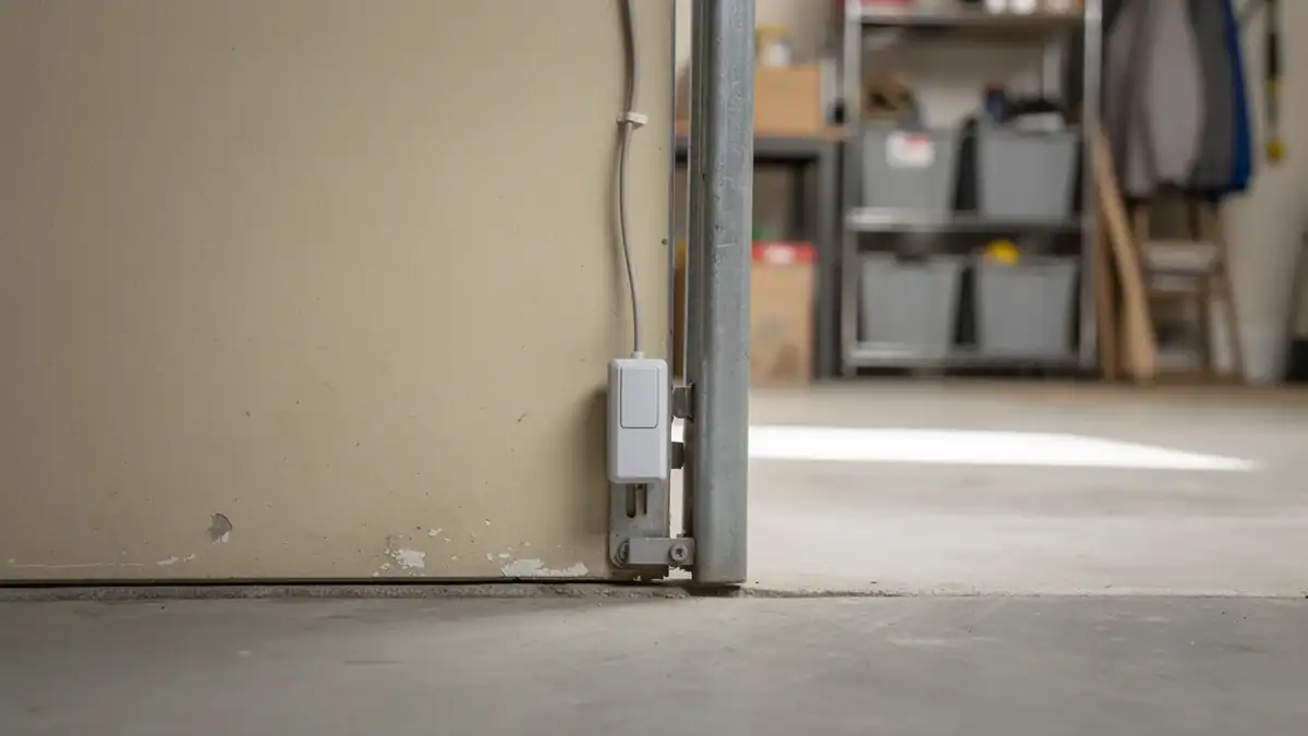 A garage door sensor is mounted on the bottom of a beige garage door.