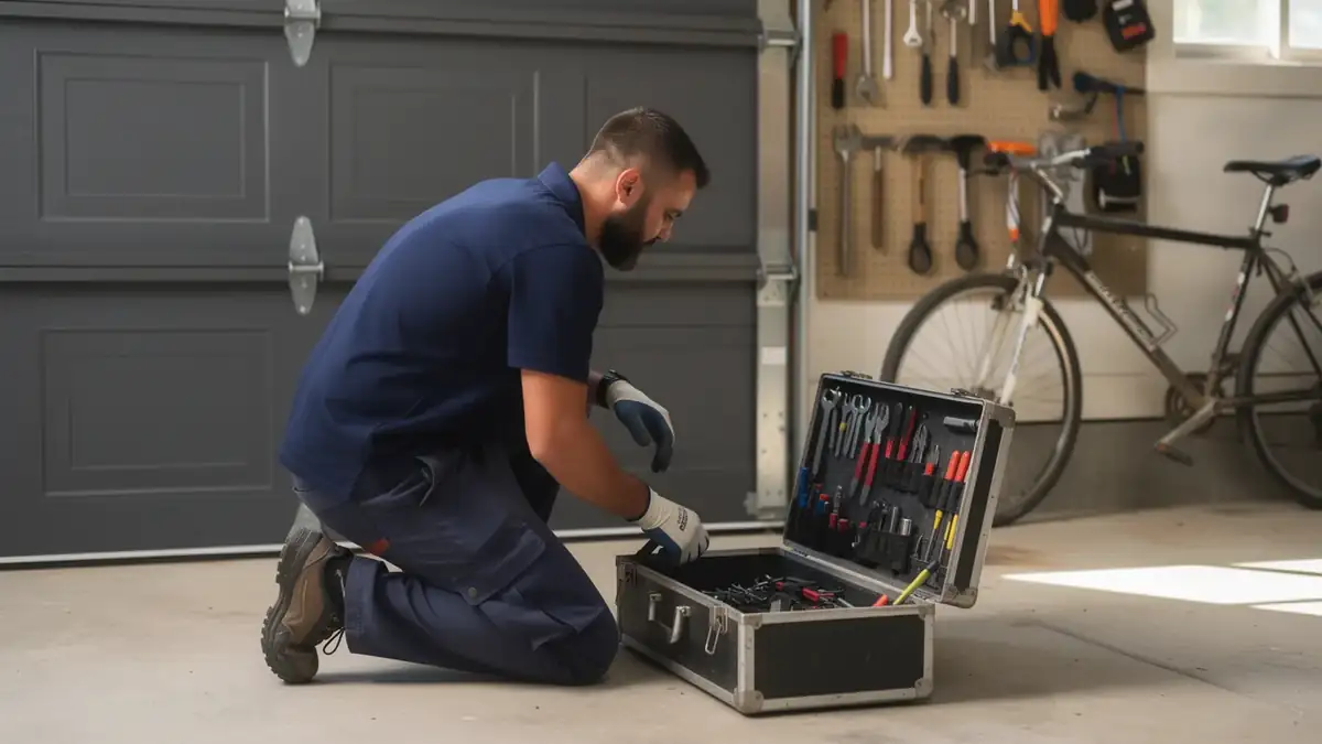A technician kneels in a garage, looking into an open toolbox with many tools.