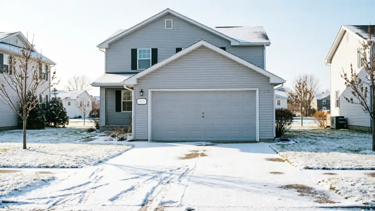 A gray house with a two-car garage and a snow-covered driveway.