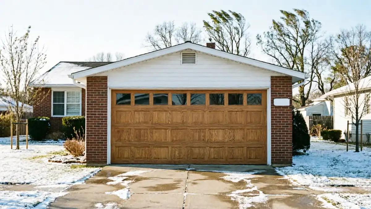 A brown wooden garage door on a brick house with snow on the ground.