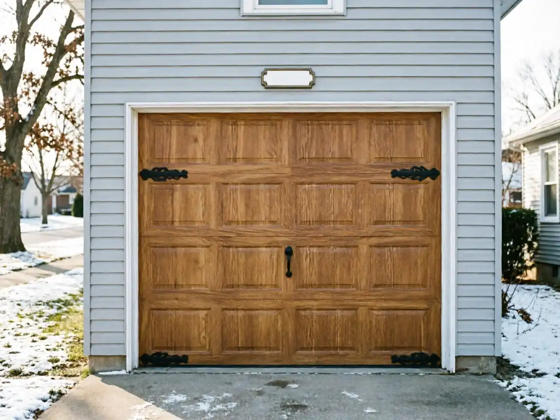 A brown wooden garage door with decorative black hardware is set in light blue siding.